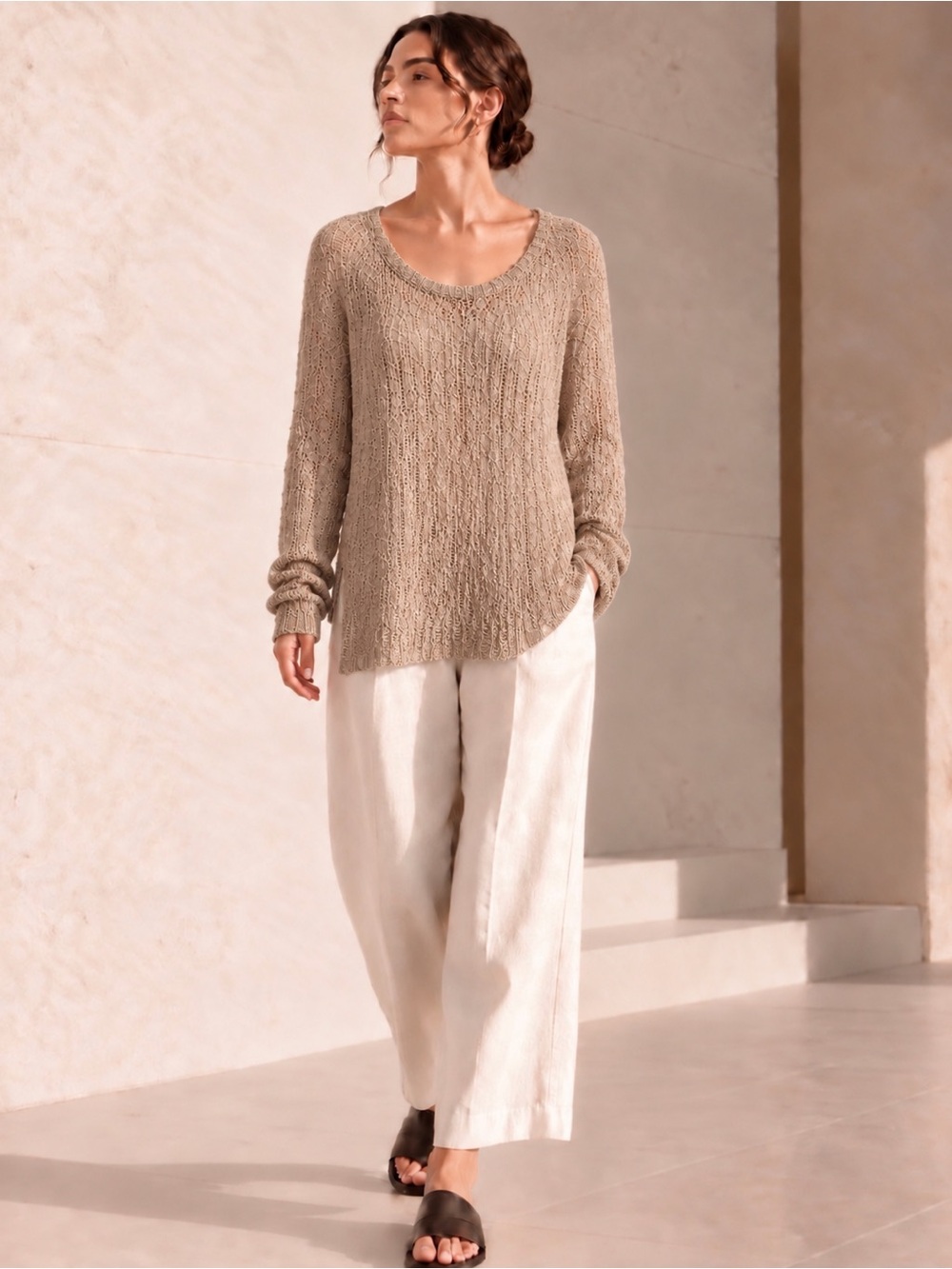Eileen Fisher Organic Cotton Sweater Linen Ecru Open Weave Knit Women’s Large
